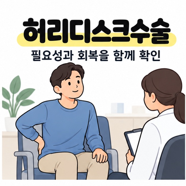 허리디스크수술이라는 제목 아래 허리 뒤쪽에 손을 댄 남성이 의료진과 마주 앉아 상담하는 그림