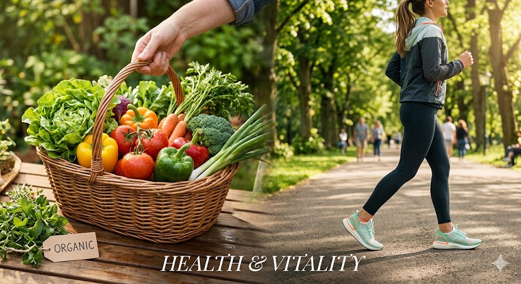 신선한 채소 바구니와 운동화를 신고 걷는 사람의 모습이 교차된 건강 테마 이미지