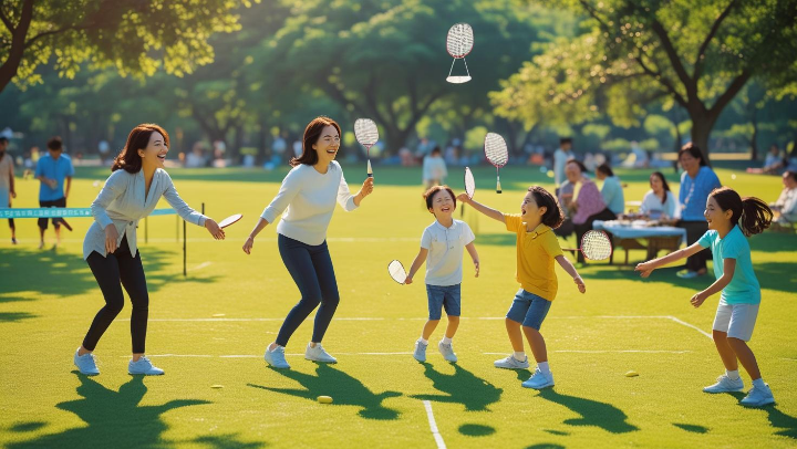 화창한 날 공원에서 아이들과 부모가 함께 배드민턴을 치며 즐거운 시간을 보내고 있다.