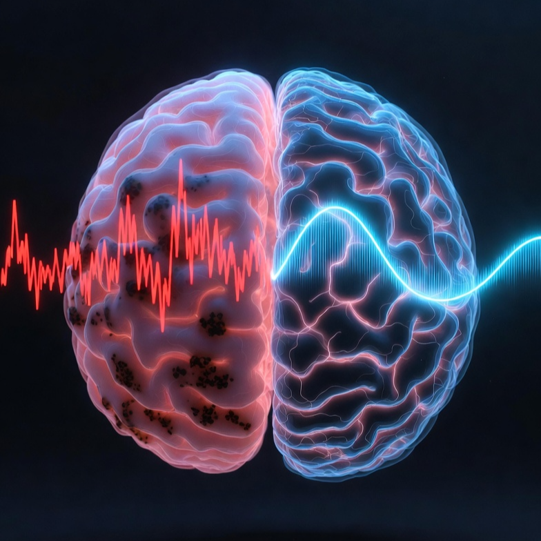 뇌를 배경으로 불안정한 그래프(변동성)와 안정적인 파동이 대조를 이루며 뇌 건강 상태를 보여주는 메디컬 인포그래픽