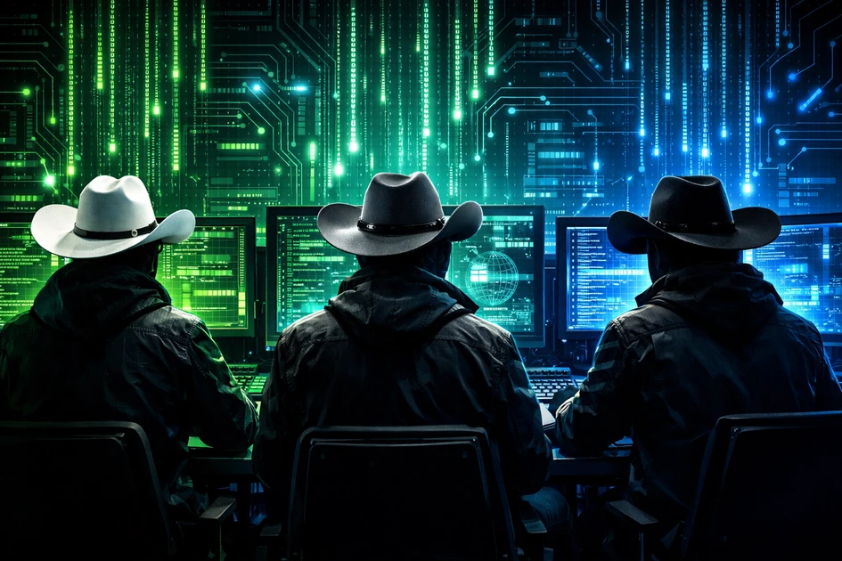 해킹 뜻과 화이트햇 블랙햇 그레이햇 해커 유형을 보여주는 사이버 보안 일러스트