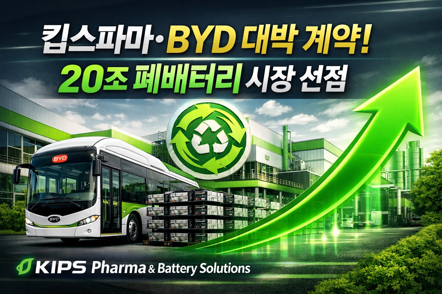 킵스바이오파마(킵스파마)와 자회사 배터리솔루션즈의 BYD 계약 관련 분석 내용을 바탕으로 제작한 썸네일 이미지입니다.
이미지 구성 상세:
주요 문구: '킵스파마·BYD 대박 계약!', '20조 폐배터리 시장 선점'이라는 강력한 카피를 배치하여 투자자들의 시선을 끌 수 있도록 했습니다.
시각적 요소: 글로벌 전기차 1위 기업인 BYD의 전기버스와 LFP 배터리팩 이미지를 배치하여 계약의 실체를 강조했습니다.
상승 모멘텀: 우측에 강력하게 우상향하는 초록색 화살표를 배치하여 주가 상승 전망을 시각화했습니다.
디자인 컨셉: 폐배터리 재활용 및 순환경제 테마에 맞춰 밝은 녹색과 화이트, 다크 그레이 톤을 조화시켜 친환경적이면서도 첨단 산업의 느낌을 주었습니다.