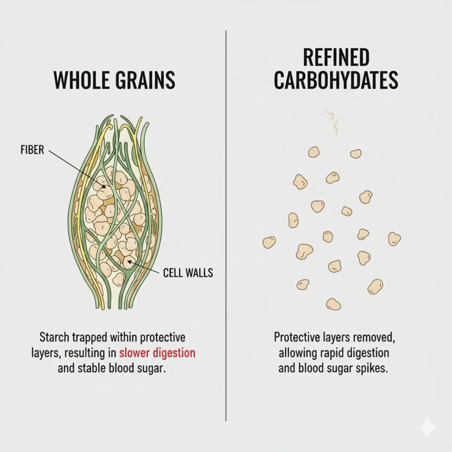 통곡물과 정제 탄수화물의 구조 차이를 비교한 도식 이미지