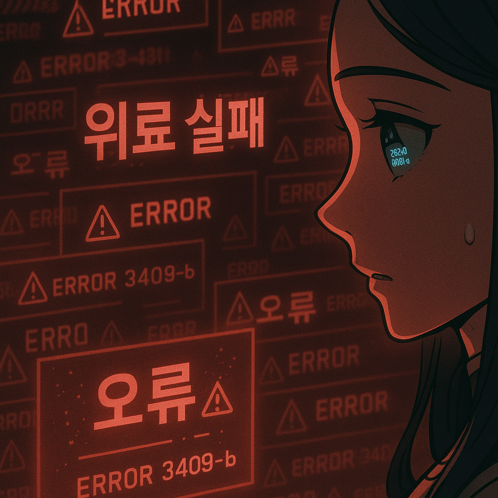 AI 시스템 내부에 &lsquo;위로 실패&rsquo;라는 로그가 붉게 점멸되며, 소피아의 눈에 반사되는 순간