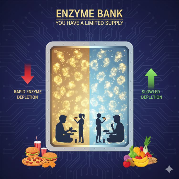 투명한 은행 금고 같은 모양 안에 빛나는 효소 분자들이 가득 차있고, 시간이 지남에 따라 점점 줄어드는 모습을 그라데이션으로 표현. 한쪽에는 과식하는 사람의 실루엣과 빠르게 줄어드는 효소, 다른 한쪽에는 생식하는 사람의 실루엣과 천천히 줄어드는 효소를 대비시켜 표현한 교육적이면서도 시각적으로 강렬한 이미지