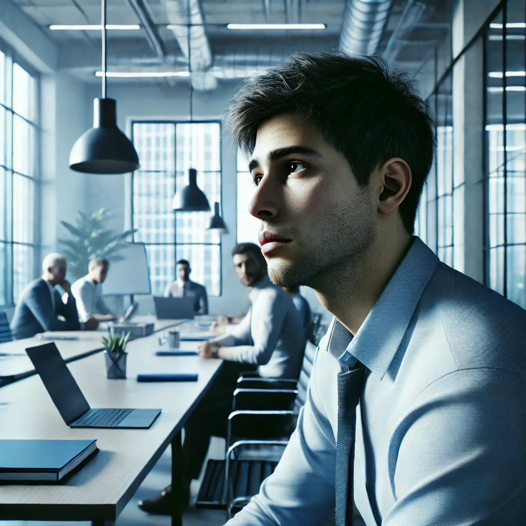 회의 중 집중력이 흐려진 직장인의 멍한 표정