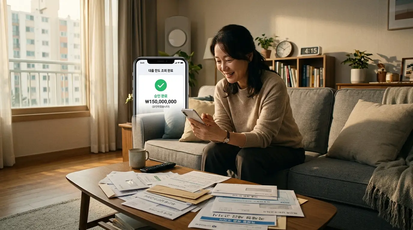 거실 소파에 앉아 산더미 같은 세금 고지서를 옆에 두고 스마트폰 모바일 뱅킹 화면의 한도 조회 성공 메시지를 보며 안도하는 40대 여성