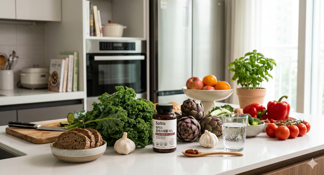 현대적인 주방 카운터 위에 놓인 영양제 병과 신선한 채소들이 어우러진 라이프스타일 컷