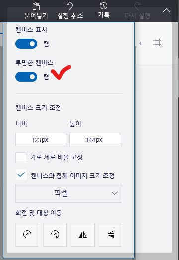 투명한 캔버스 켬으로 변경한 화면 사진