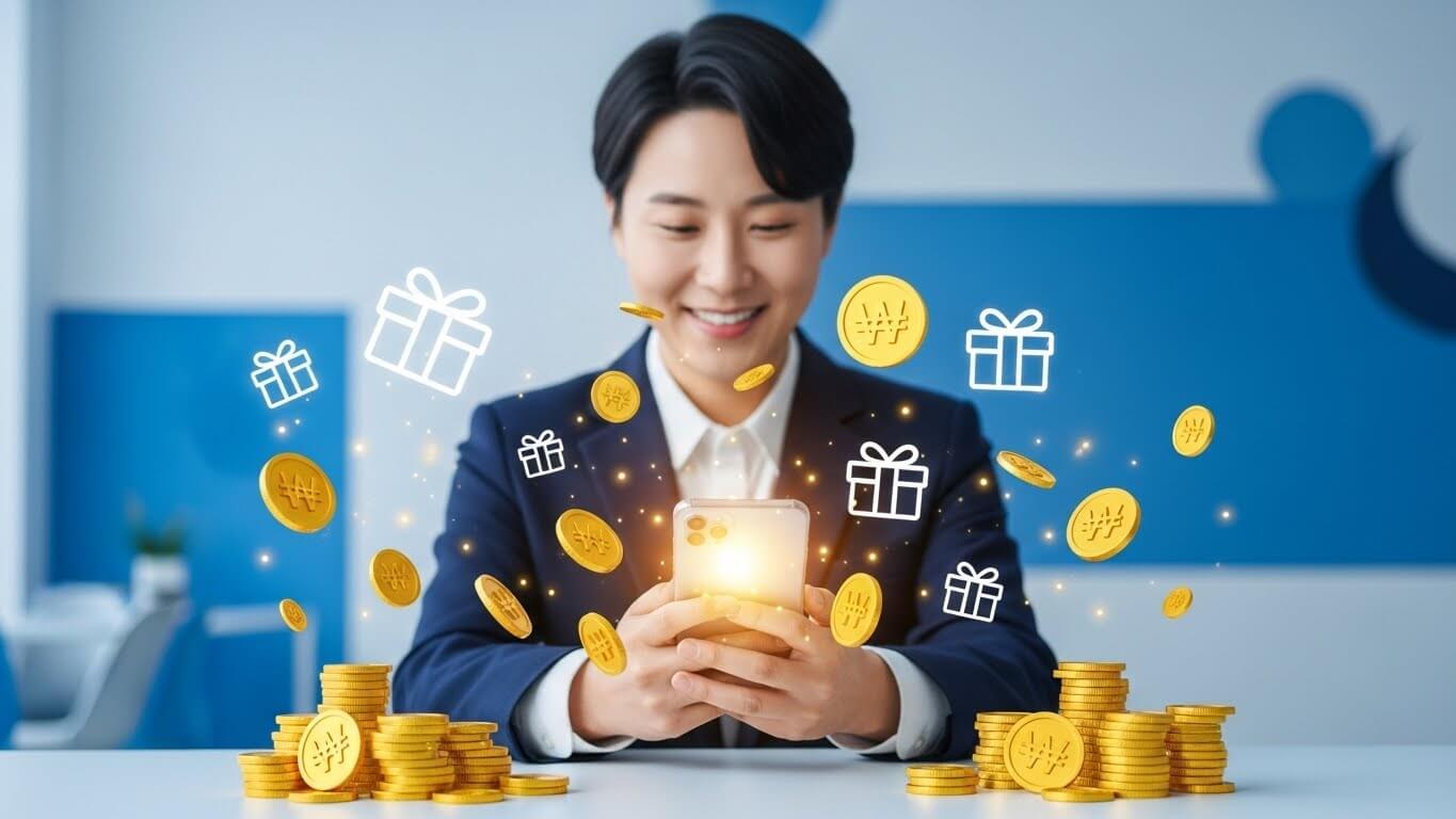 휴대폰을보면서 웃고있는 여성 주의에 코인과 선물들이 널려있다