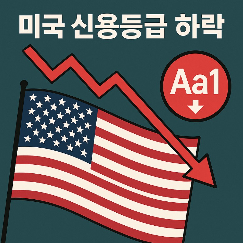 미국 신용등급 하락을 상징하는 이미지. 붉은 하락 화살표, Aa1 등급, 미국 국기 포함.