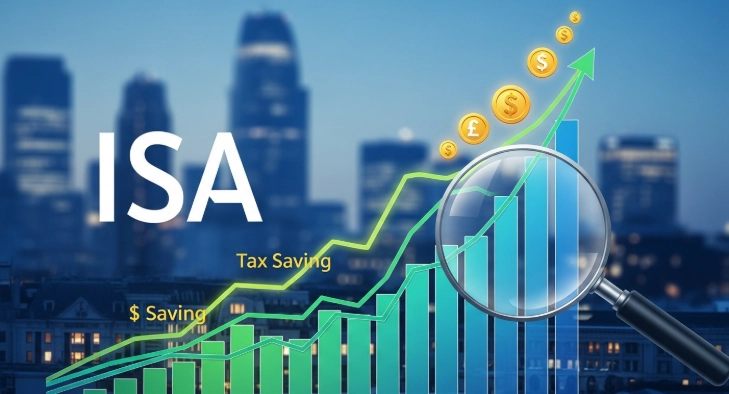 상승하는 그래프 위에 ISA 로고와 세금 혜택을 강조하는 돋보기가 있는, 금융 성장을 나타내는 일러스트