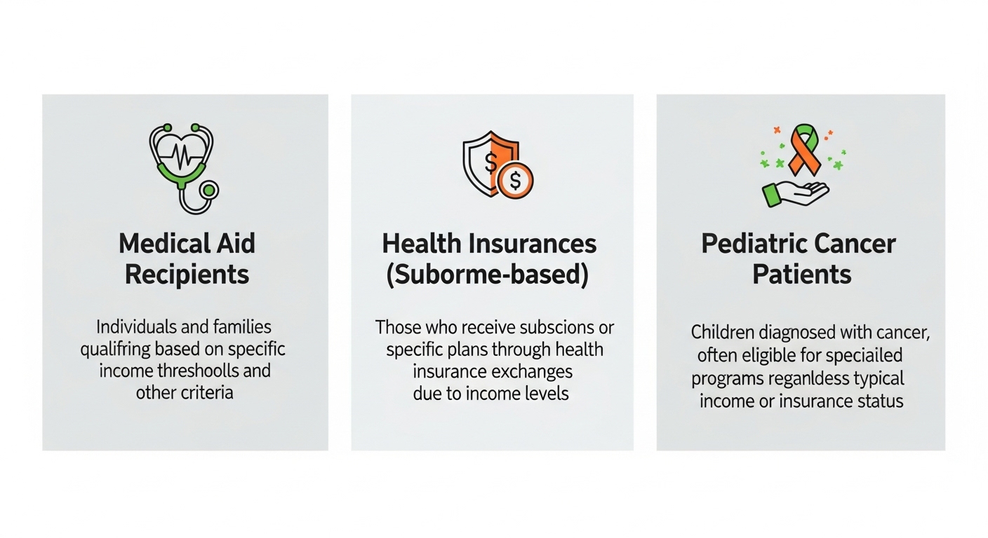 암환자 의료비 지원사업의 세 가지 주요 지원 대상 (의료급여, 건강보험, 소아암)을 보여주는 깔끔한 인포그래픽.
