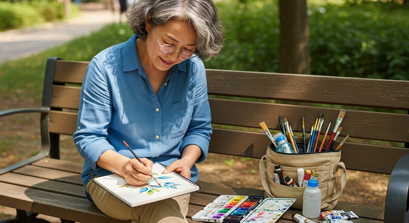 68세 여성이 공원 벤치에서 수채화 스케치북에 그림을 그리고 있는 모습