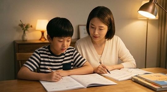 엄마와 초등학생 아들이 책상 앞에 나란히 앉아 숙제를 함께 들여다보는 장면