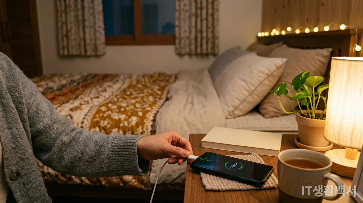 적정 배터리 잔량에서 충전기를 분리하는 손