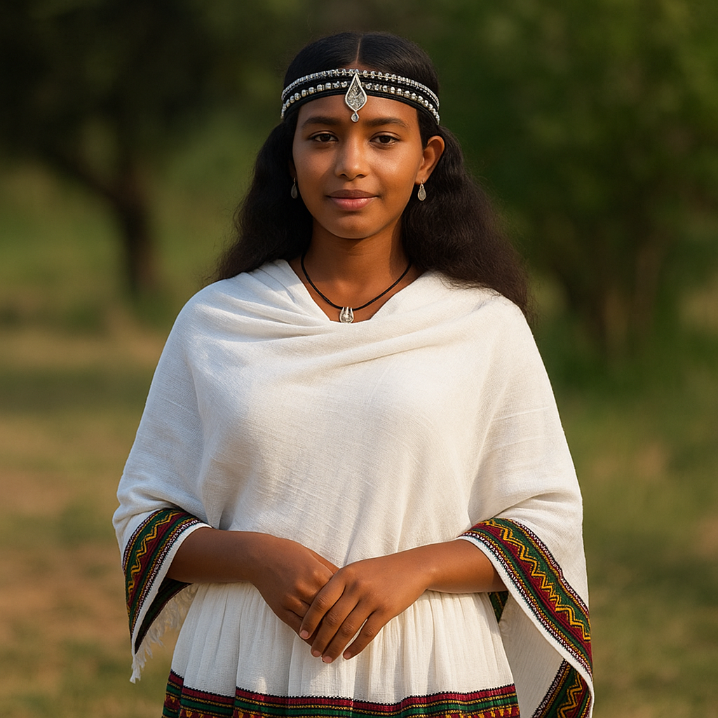 에티오피아 오로모족의 흰색 천과 머리장식