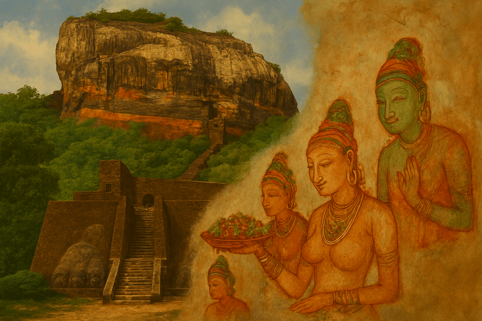 푸른 숲 위로 솟아오른 거대한 바위 요새 시기리야와, 그 벽면에 섬세하게 그려진 고대 여인들의 프레스코 벽화. 스리랑카 고대 왕국의 예술성과 역사를 보여준다.