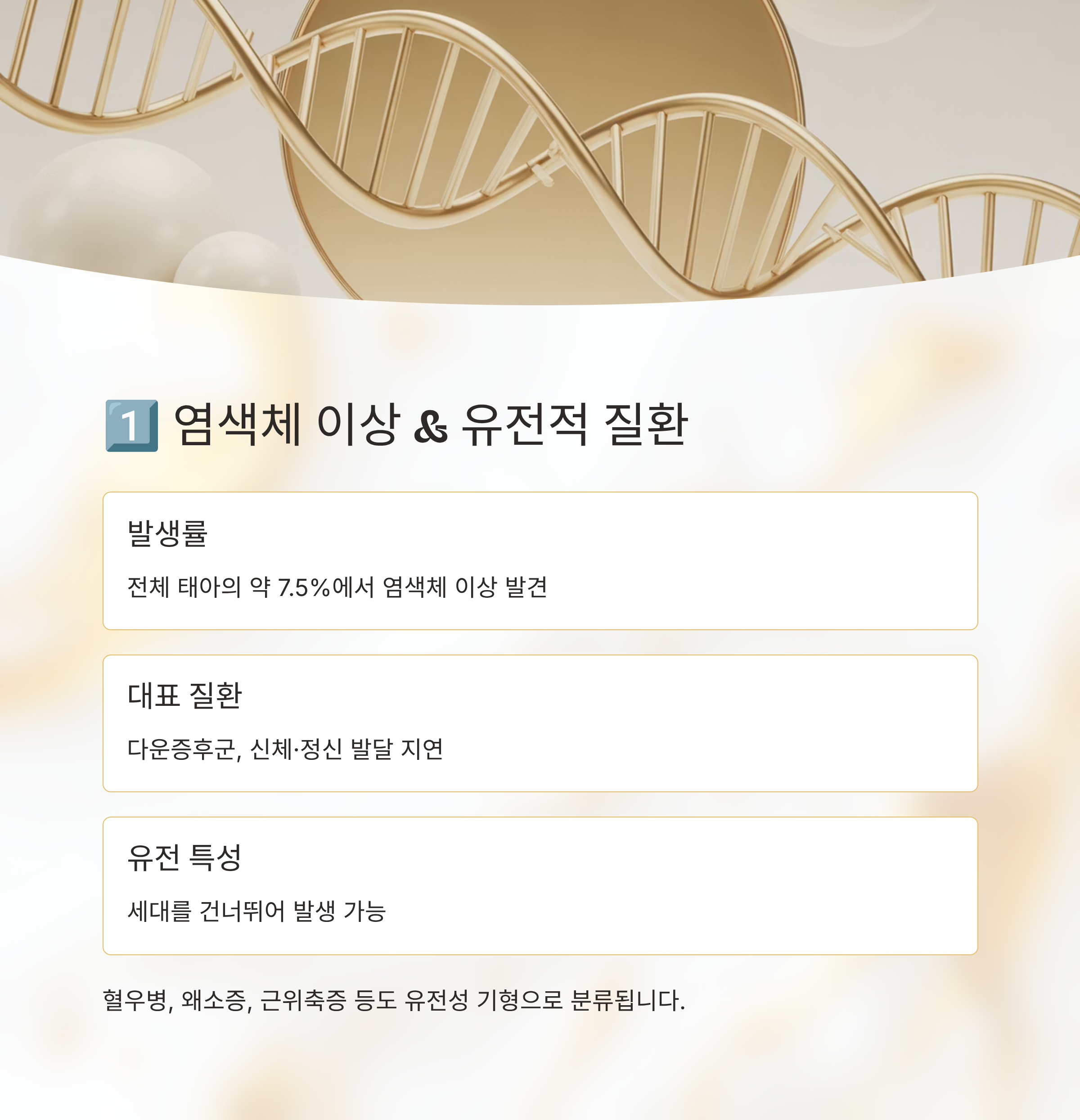 염색체 이상과 유전적 질환에 대한 내용을 설명하는 인포그래픽으로, DNA 구조 이미지와 함께 발생률·대표 질환·유전 특성이 정리된 구성