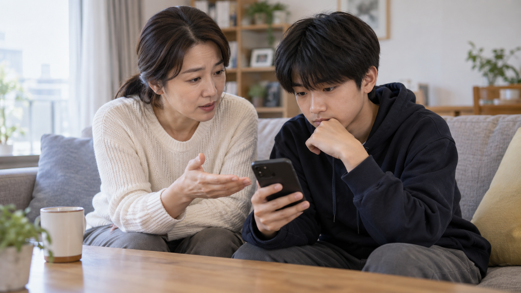 부모와 청소년이 스마트폰 게임 결제 내역을 함께 확인하는 실제 장면