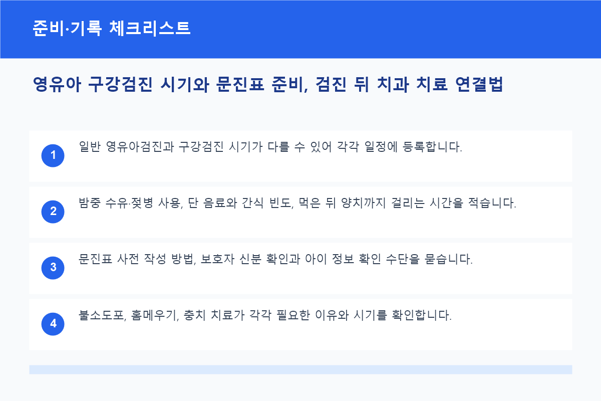 영유아 구강검진 시기와 문진표 준비, 검진 뒤 치과 치료 연결법 준비&middot;기록 체크리스트 정보 이미지