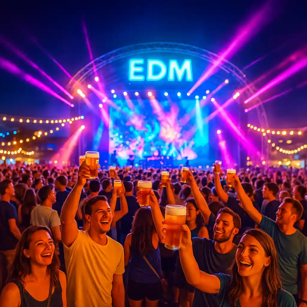 부산 영도 맥주축제 야외광장에서 사람들이 맥주를 즐기며 EDM 공연을 보는 여름밤 풍경