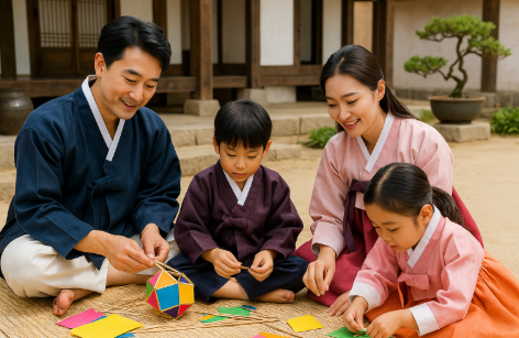 전통놀이 체험을 하고 있는 가족