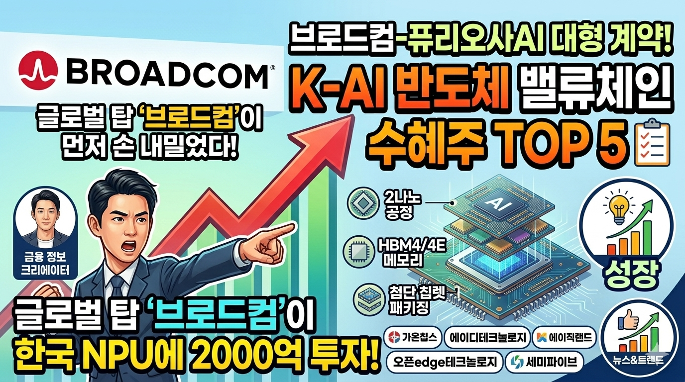 "글로벌 반도체 기업 브로드컴 로고와 국내 AI 반도체 스타트업 퓨리오사AI의 차세대 3세대 NPU 칩렛 패키징 협력 및 디자인하우스 수혜주 주가 상승 모멘텀 분석 차트"
