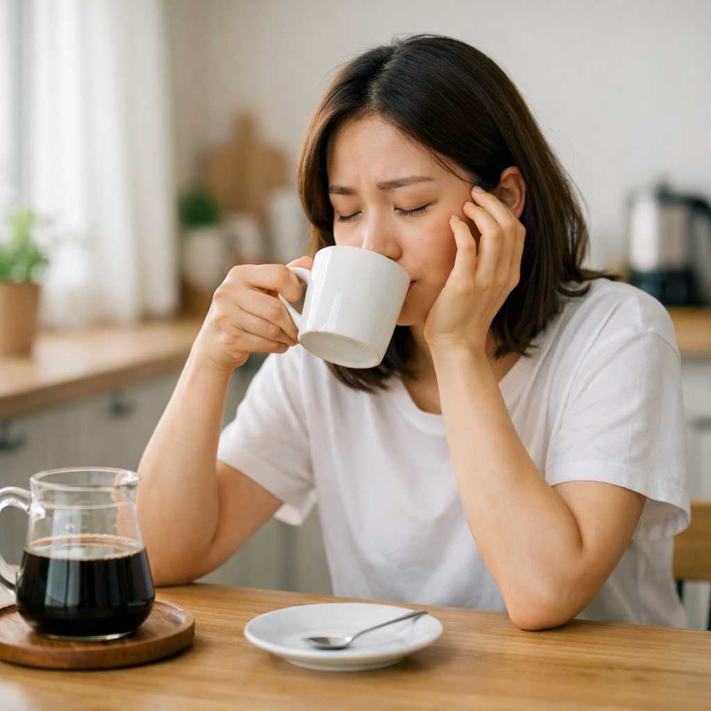 아침에 일어나 공복에 잠에서 깨려 커피 한 잔을 마시는 모습