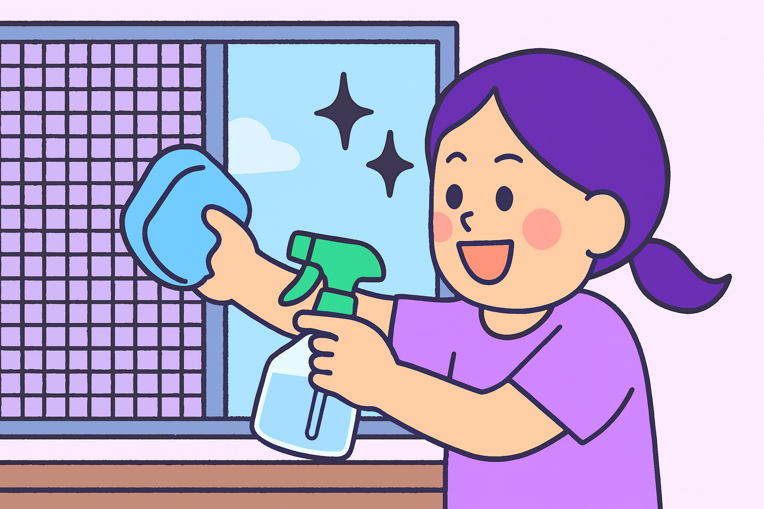 복쿠맘이 분무기와 스펀지를 사용해 방충망을 청소하는 모습. 창문 너머로 맑은 하늘과 반짝이는 창문 밖 풍경