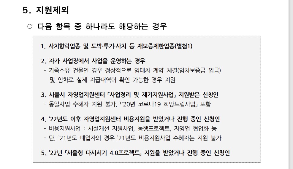 서울시 소상공인 재기지원금 지원 제외