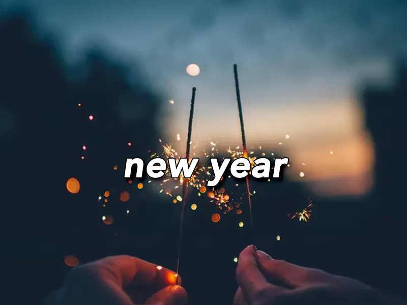 폭죽에 불꽃이 반짝이고 있는 클로즈업 장면을 배경으로 new year이라는 텍스트가 적혀 있다.