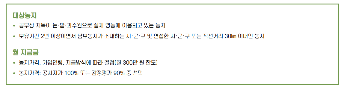 농지연금 대상농지와 월 지급금표