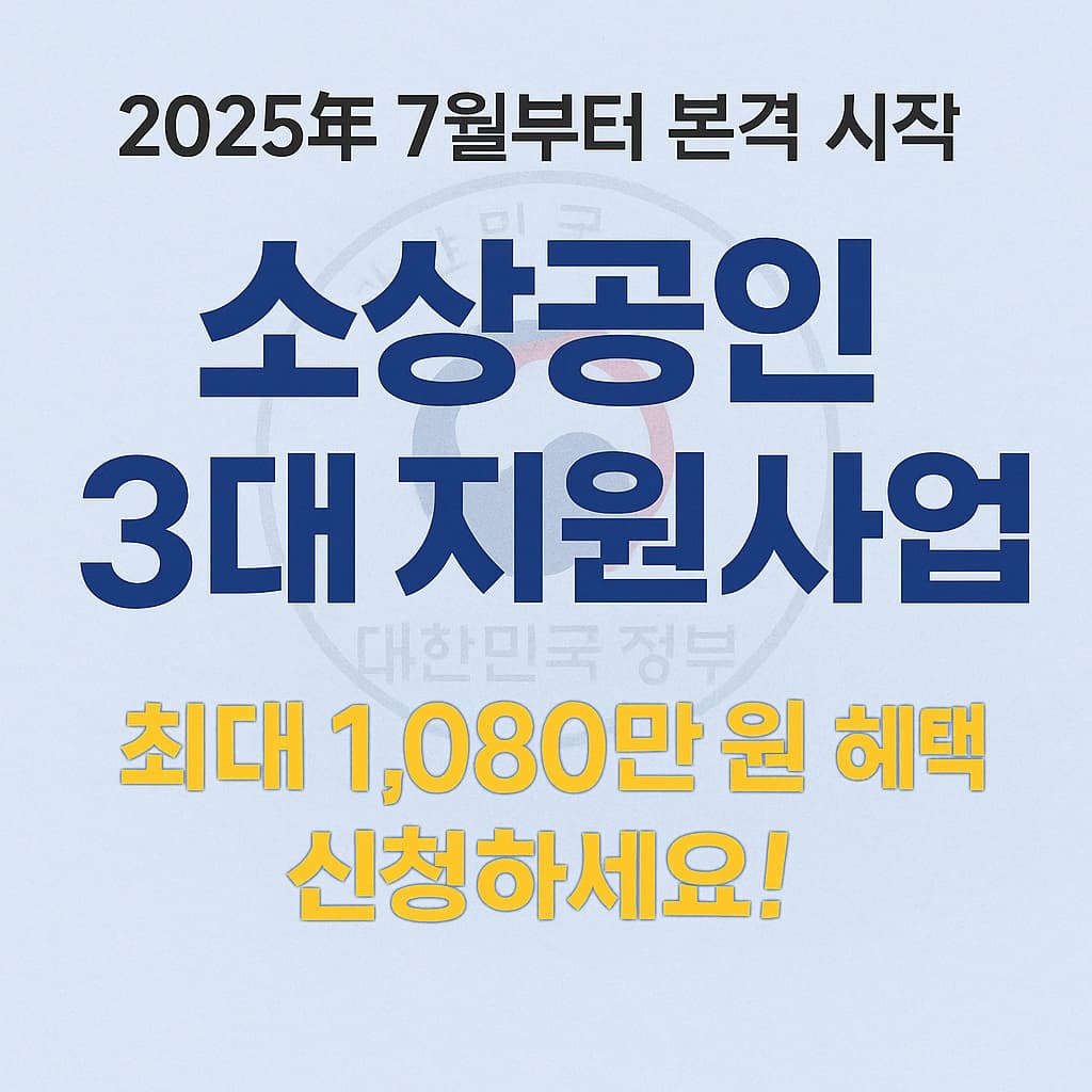 2025년 7월부터 본격 시행되는 소상공인 3대 지원사업을 알리는 홍보 이미지. '최대 1,080만 원 혜택 신청하세요!'라는 문구와 함께 대한민국 정부 마크가 배경에 포함되어 있음.