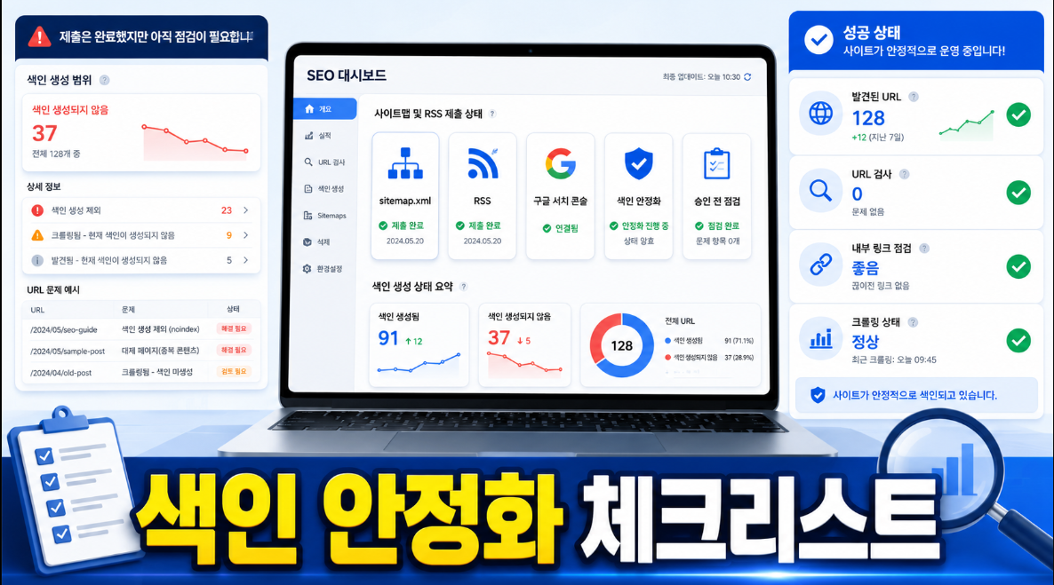 티스토리 사이트맵과 RSS 제출 후 구글 서치 콘솔 색인 안정화 체크리스트를 보여주는 썸네일 이미지