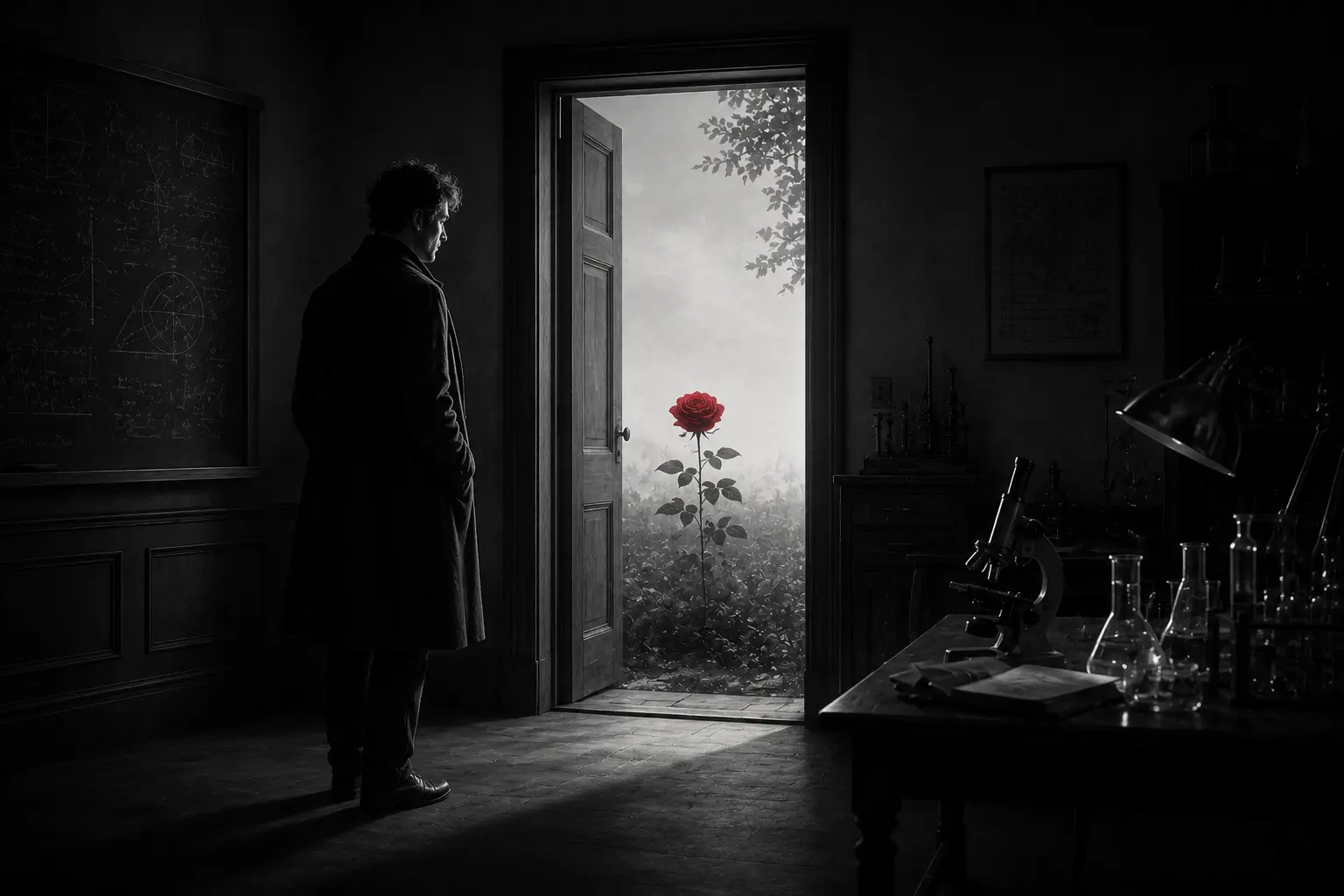 A scientist leaving a black and white room and seeing a red rose for the first time