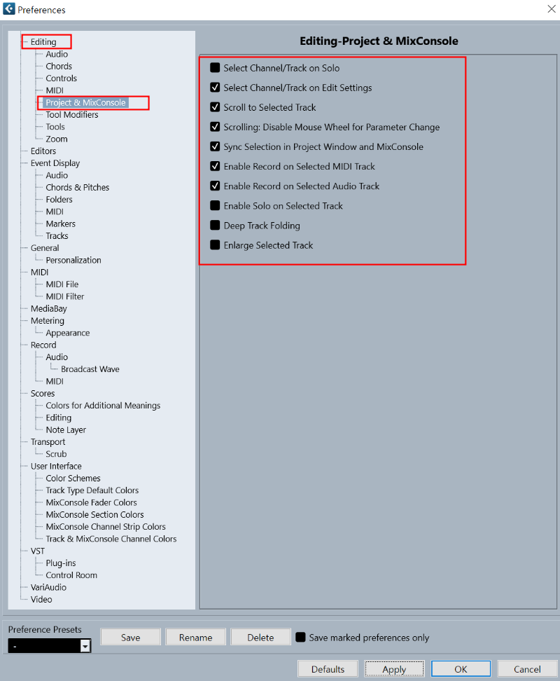 Cubase, 큐베이스 13 환경설정 (3), Preferences - Editing Project & MixConsole, Tools Modifiers, Tools, Zoom