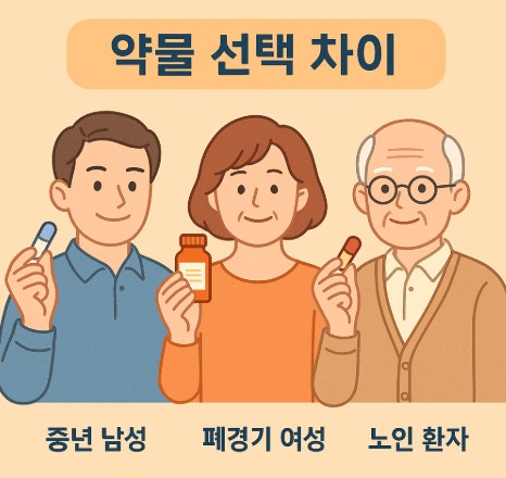 중년 남성, 폐경기 여성, 노인 환자의 약물 선택 차이 사진