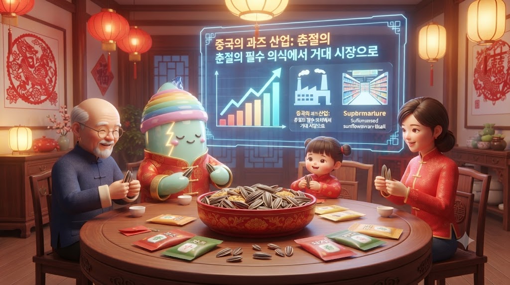 중국의 명절, 춘절(설날) 분위기가 물씬 풍기는 거실입니다. 3D 쫀쿠가 붉은색 전통 의상을 입고 중국인 가족들과 둥근 테이블에 둘러앉아 있습니다. 테이블 위에는 '챠챠(洽洽)' 브랜드의 다양한 과즈(瓜子) 봉투와 함께, 쫀쿠가 앞니를 이용해 과즈 껍데기를 순식간에 까는 묘기를 선보이자 가족들이 박수를 치고 있습니다. 벽면에는 거대한 과즈 산업을 상징하는 홀로그램 그래프가 떠 있습니다.