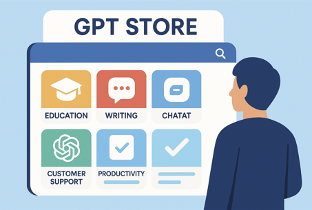 GPT Store의 개념을 시각화한 플랫 스타일 디지털 일러스트레이션. 다양한 용도의 GPT 챗봇을 상징하는 작은 아이콘이나 패널들이 배치