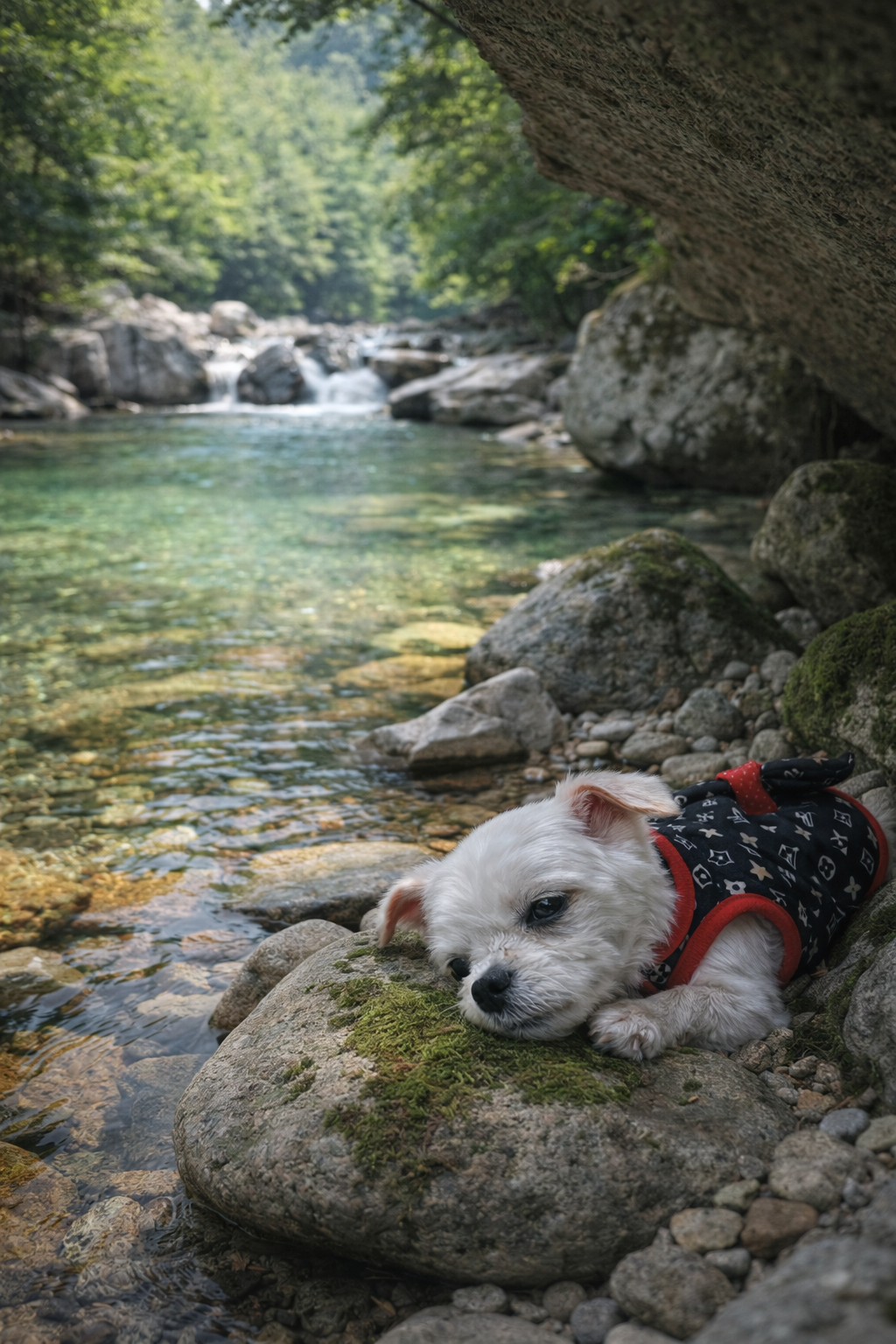 따뜻한 날씨에 그늘에서 쉬며 산책하는 강아지 모습