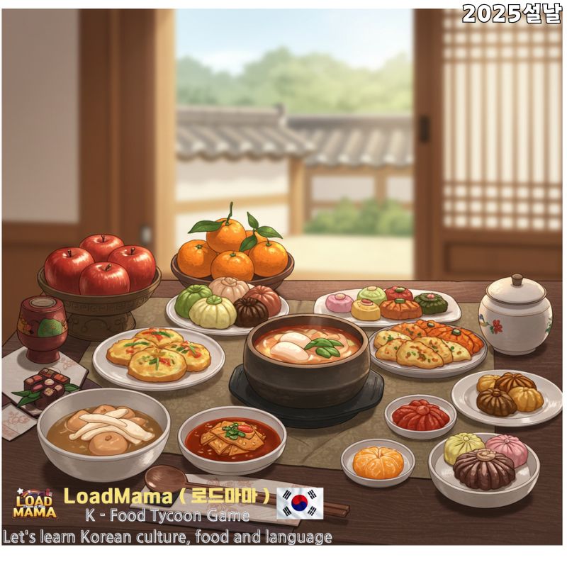 떡국, 각종 전, 과일, 한과 등이 차려진 전통적인 한국 설날 상차림 일러스트