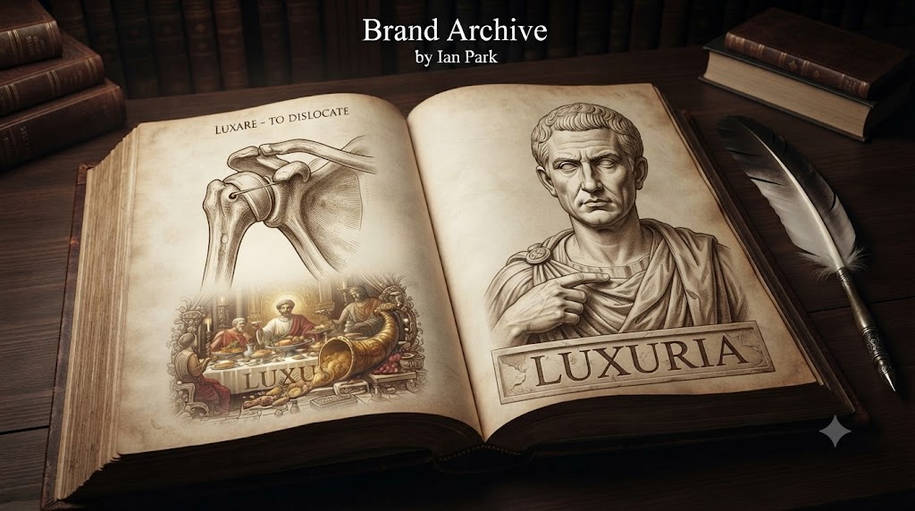 고대 로마 시대를 배경으로 한 고풍스러운 삽화입니다. 화면 왼쪽 상단에는 'luxus'의 어원인 '탈구된 관절(luxare)'을 표현한 해부학적 드로잉이 고대 의학서에 실려 있습니다. 그 아래로 로마 귀족들이 과도하게 음식을 탐하며 비틀거리는 모습이 그려져 있어, '정상적인 상태에서 벗어남'이 어떻게 사치로 이어지는지 보여줍니다. 오른쪽으로는 'luxuria'를 경계하는 로마 원로원의 근엄한 표정이 함께 담겨 있습니다.