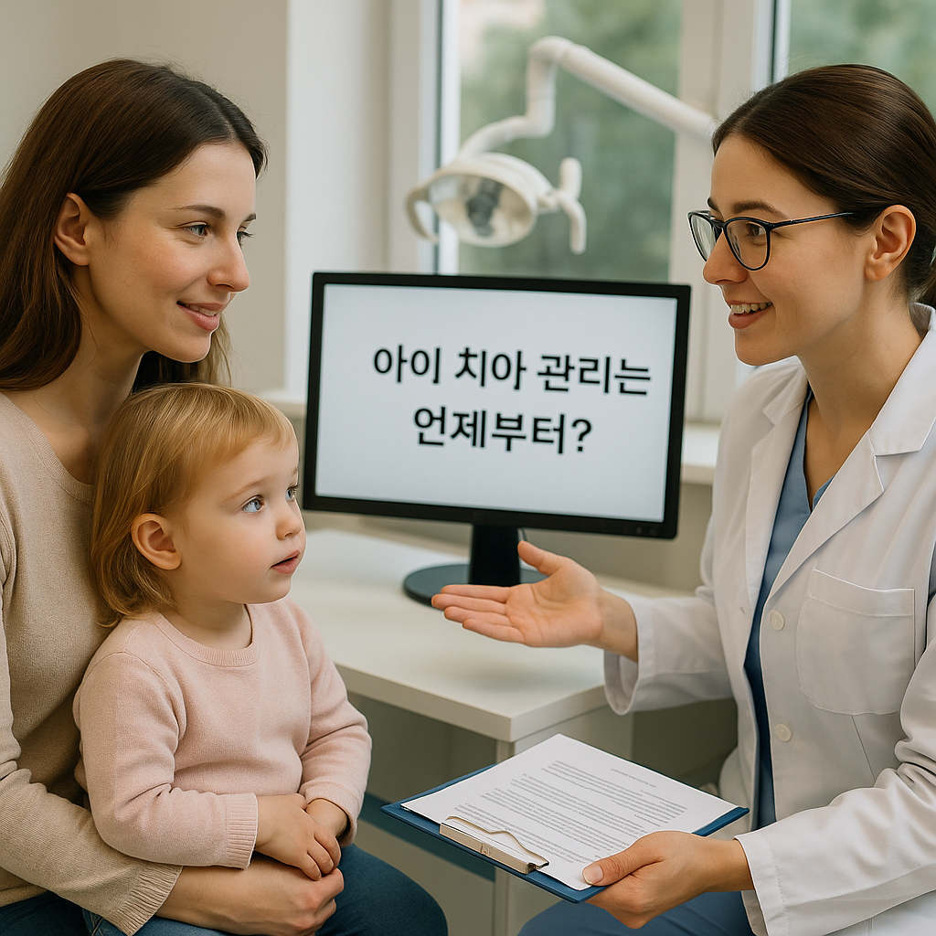 자녀의 치아 관리에 대하여 설명 듣는 모습