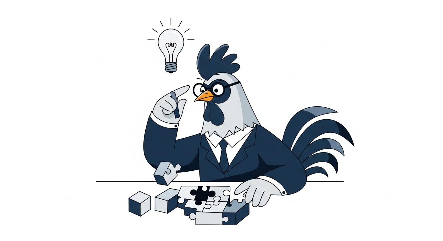 복잡한 퍼즐을 풀며 번뜩이는 아이디어를 떠올리는 지적인 닭 캐릭터 일러스트