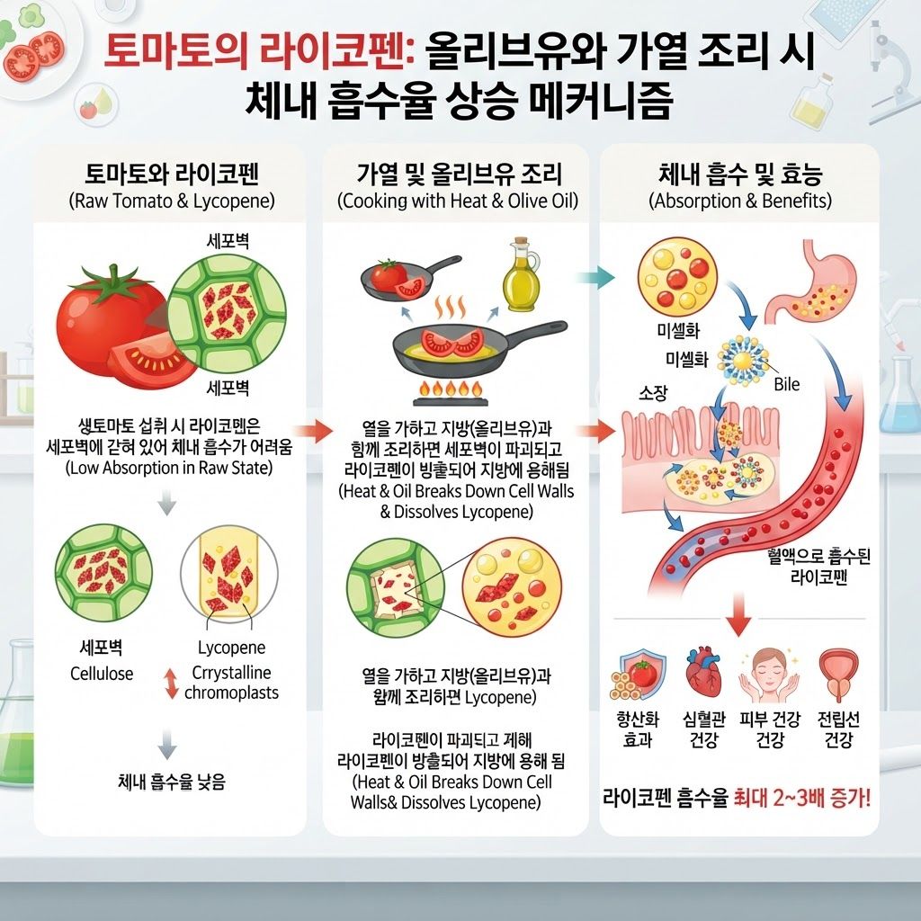 토마토 효능 라이코펜 성분 올리브유 가열 조리 시 체내 흡수율 상승 메커니즘 인포그래픽