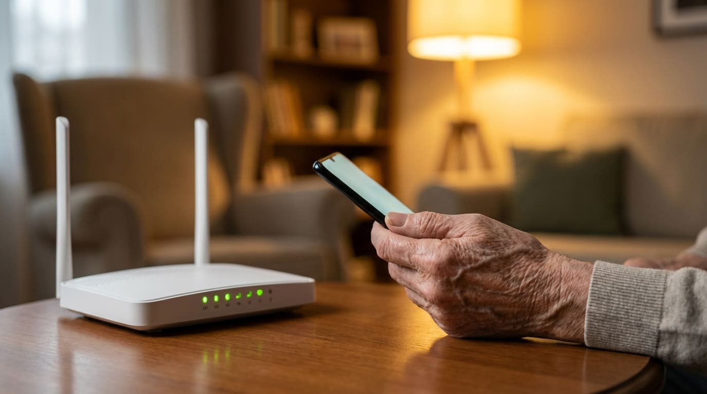 부모님 댁 거실에 설치된 와이파이 공유기와 보안 설정을 확인하는 스마트폰 화면
