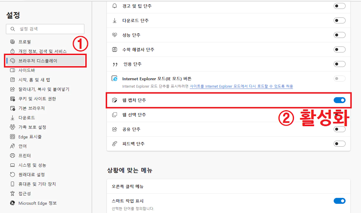 웹 캡처 단추 활성화