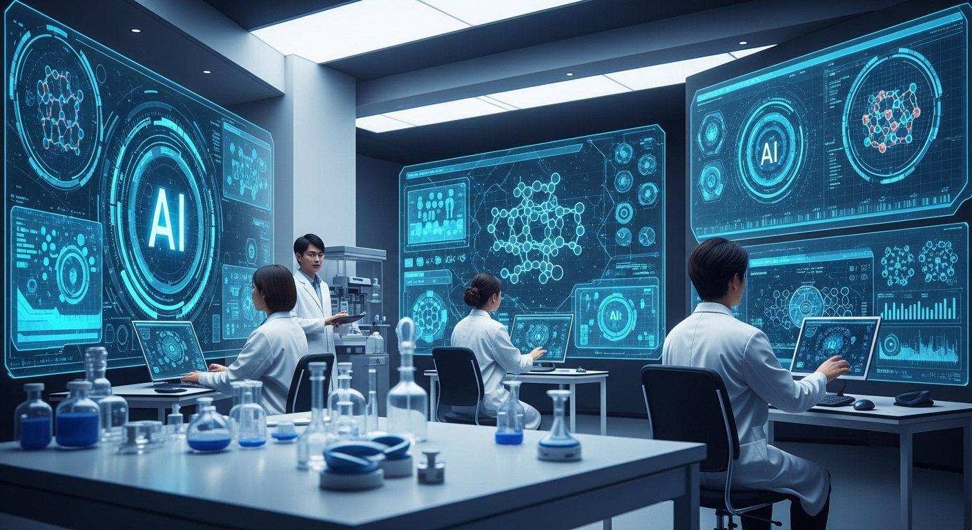 advanced AI platforms on large digital screens with visualizations of molecular structures and genomic data