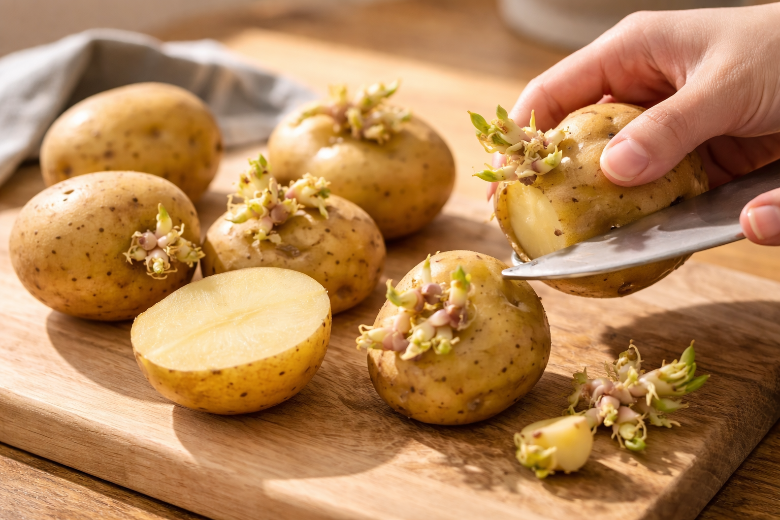 감자의 싹 주변과 초록빛 부분을 넉넉하게 제거하는 손질 과정입니다.